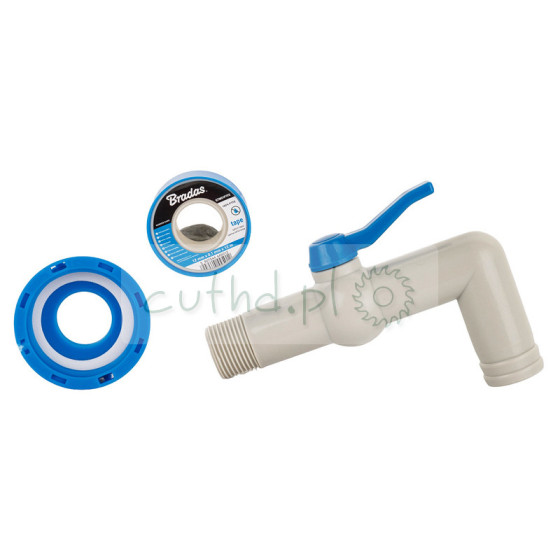 Kran z nakrętką do Mauzer przyłącze S60x6 wylewka 90° wąż + taśma PTFE